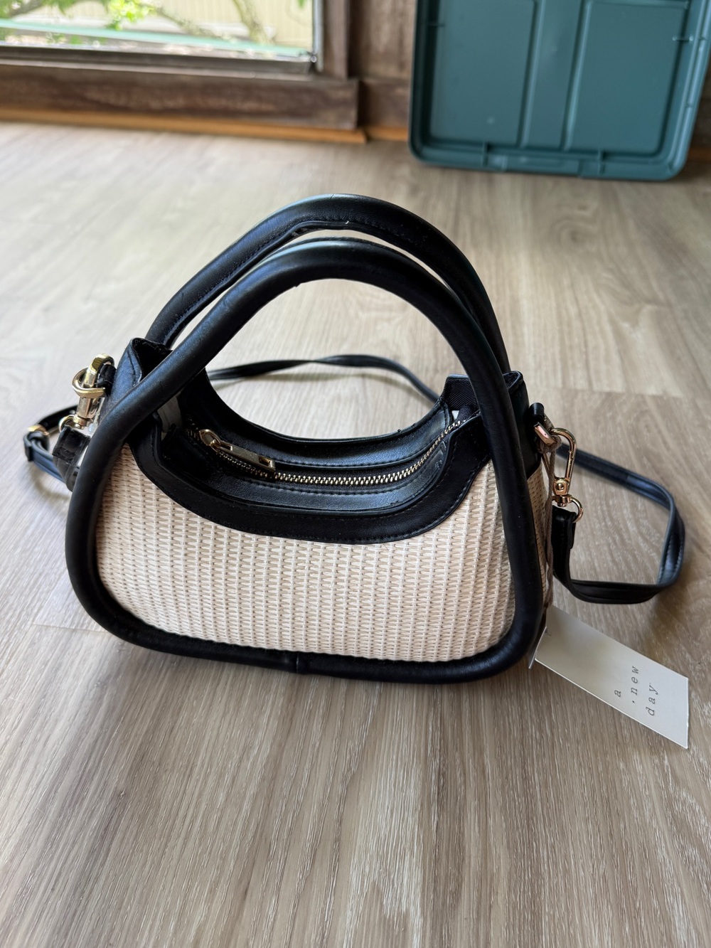 Woven Crossbody Purse with Black Trim
